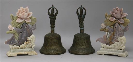 Two Tibetan ghanta bells and two Chinese soapstone bookends bells height 17cm, bookends height 17cm